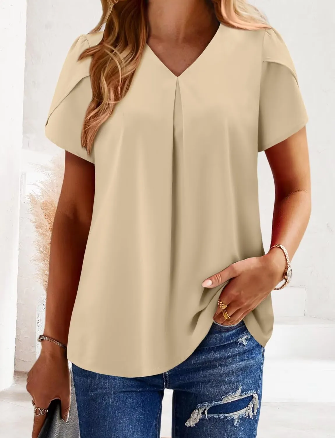 Magritta Womens Tops Dressy Casual Short Sleeve Pleated Tshirt 2025 Summer Loose Fitting Blouse Fashion V Neck Business Shirt