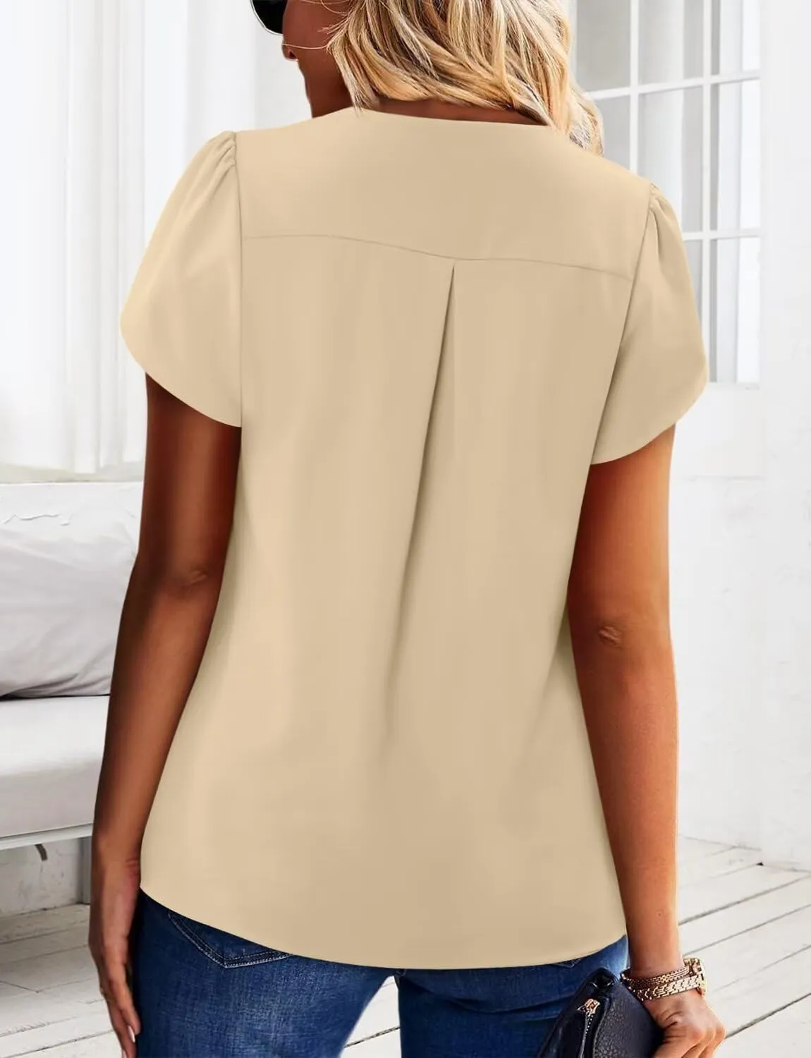 Magritta Womens Tops Dressy Casual Short Sleeve Pleated Tshirt 2025 Summer Loose Fitting Blouse Fashion V Neck Business Shirt