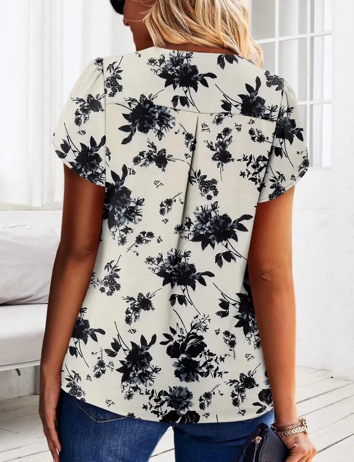 Magritta Womens Tops Dressy Casual Short Sleeve Pleated Tshirt 2025 Summer Loose Fitting Blouse Fashion V Neck Business Shirt