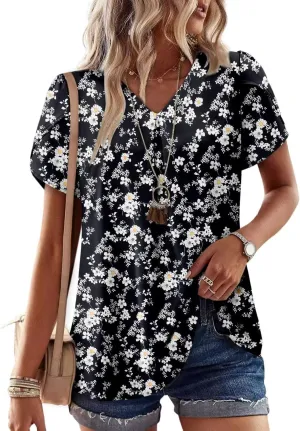 Magritta Womens Tops Dressy Casual Short Sleeve Pleated Tshirt 2025 Summer Loose Fitting Blouse Fashion V Neck Business Shirt