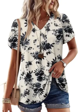 Magritta Womens Tops Dressy Casual Short Sleeve Pleated Tshirt 2025 Summer Loose Fitting Blouse Fashion V Neck Business Shirt