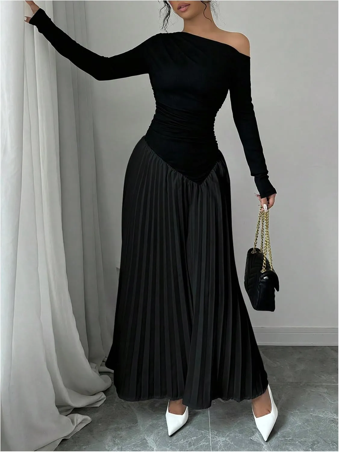 MakeMeChic Women's Elegant One Shoulder Ruched Maxi Dress Pleated Ruffle Hem Fit and Flare Dresses