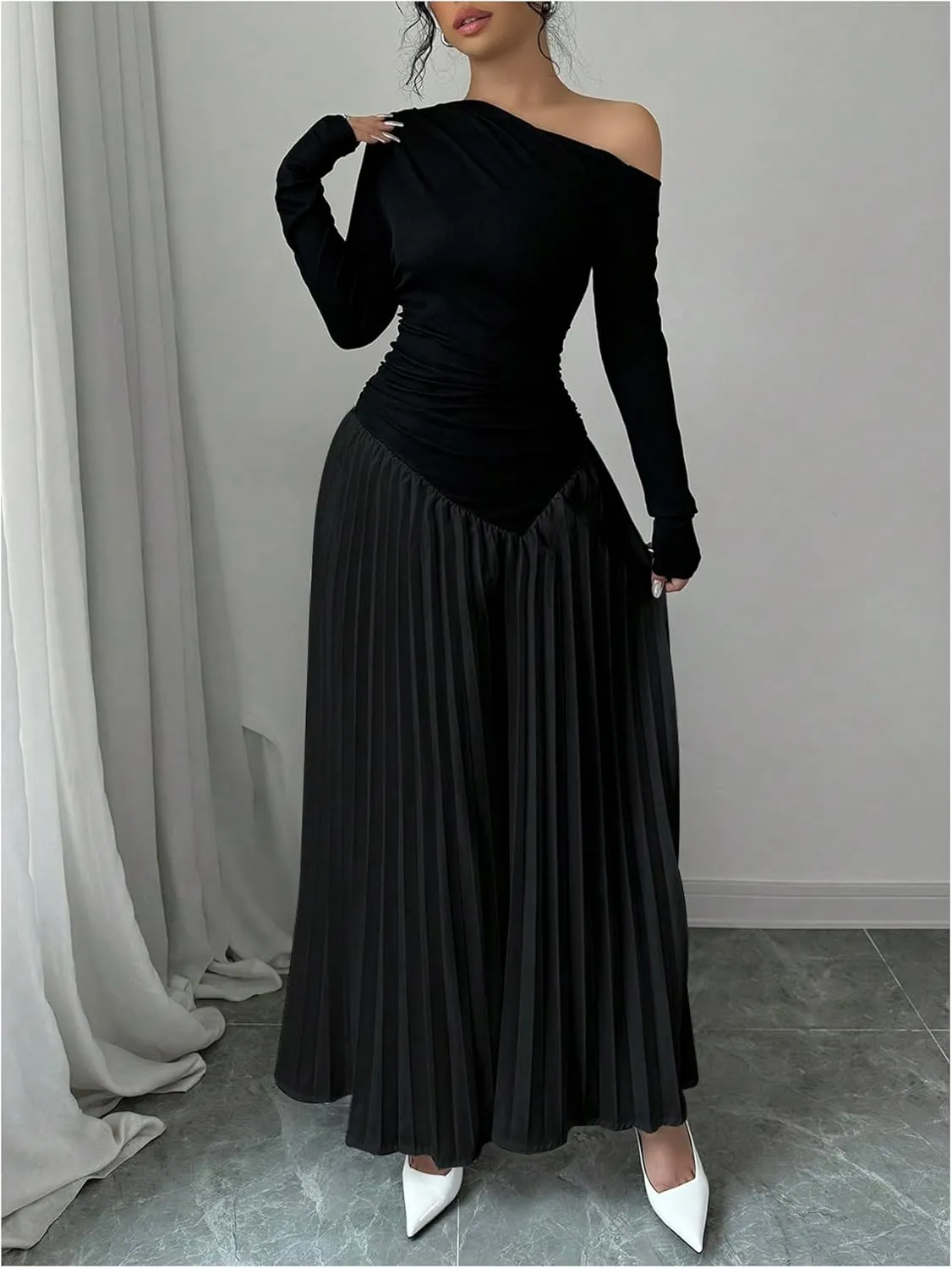 MakeMeChic Women's Elegant One Shoulder Ruched Maxi Dress Pleated Ruffle Hem Fit and Flare Dresses