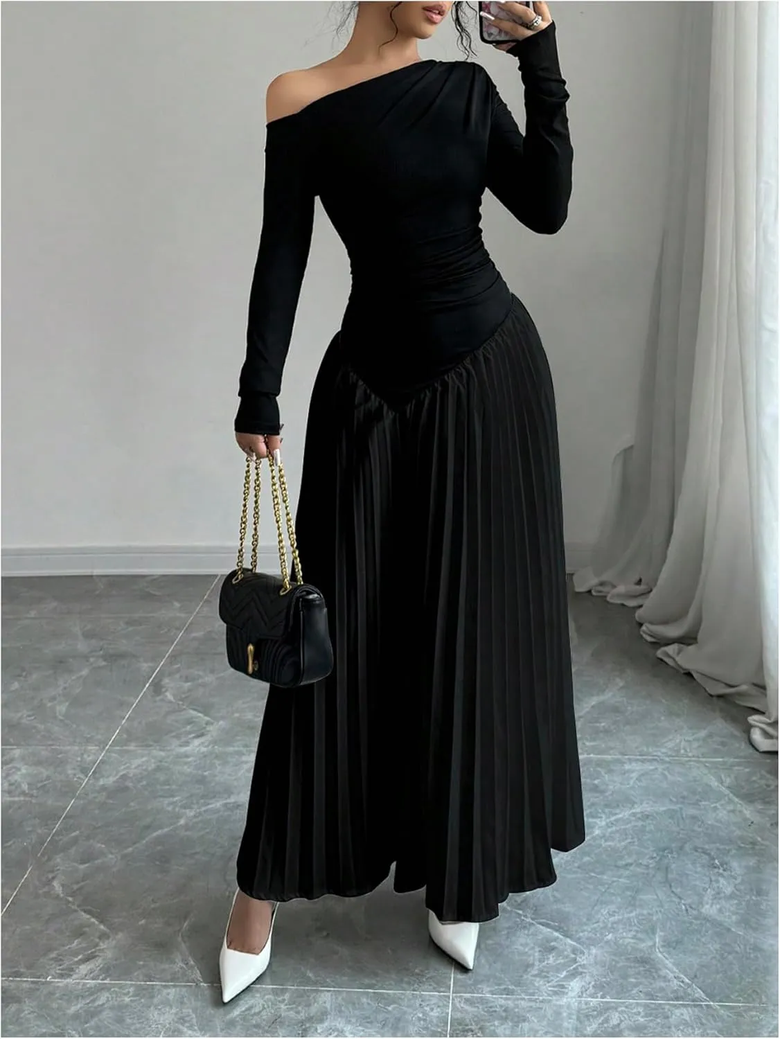 MakeMeChic Women's Elegant One Shoulder Ruched Maxi Dress Pleated Ruffle Hem Fit and Flare Dresses
