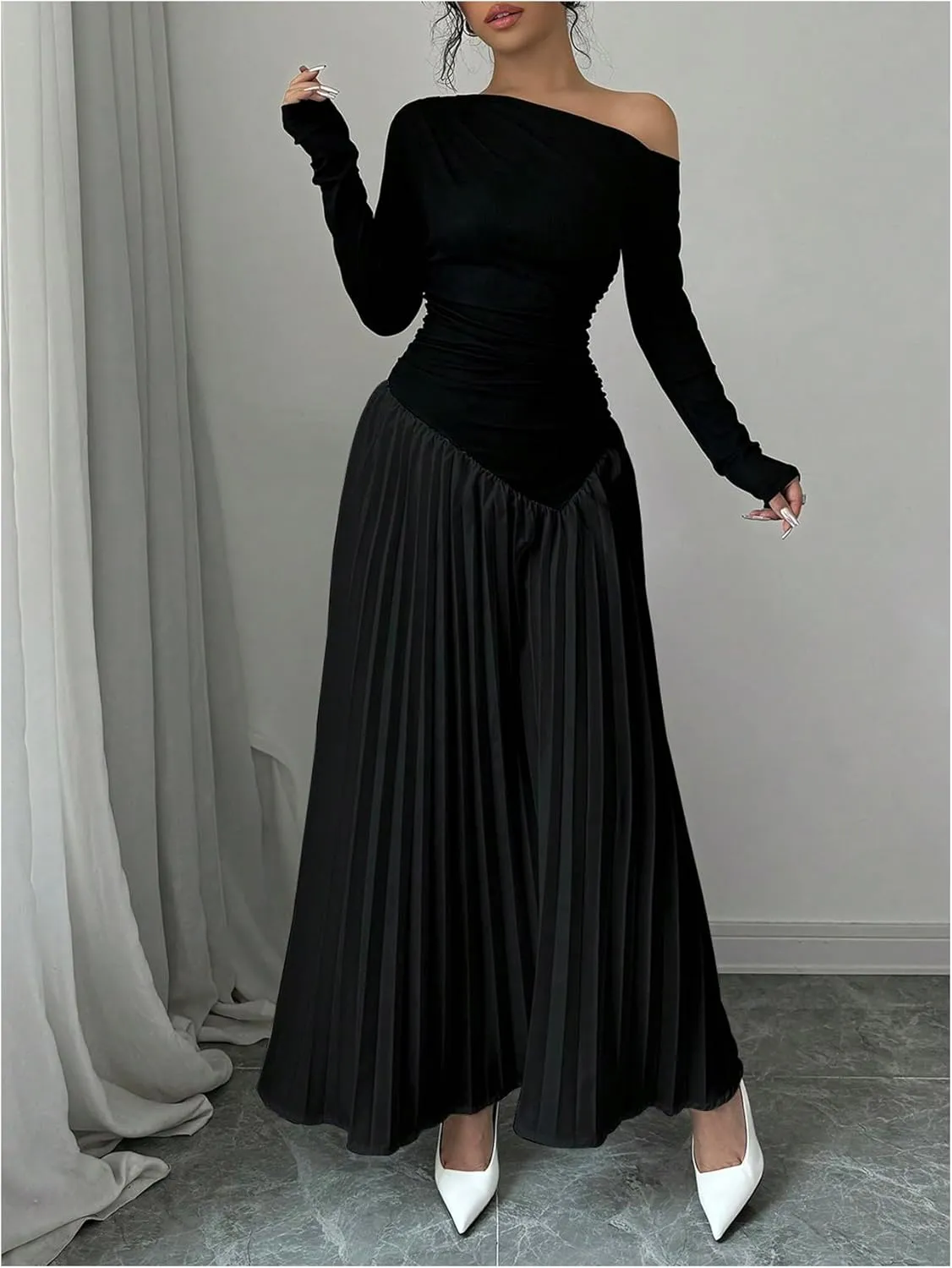 MakeMeChic Women's Elegant One Shoulder Ruched Maxi Dress Pleated Ruffle Hem Fit and Flare Dresses