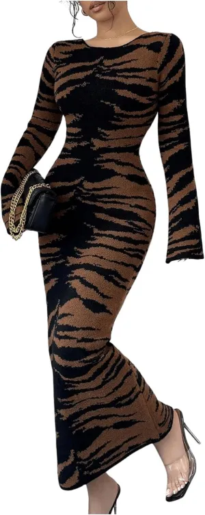 MakeMeChic Women's Leopard Print Sweater Dress Bell Sleeve Lace Up Bodycon Maxi Dresses