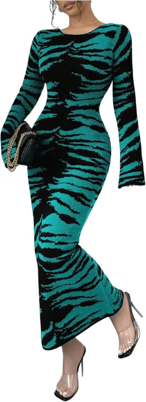 MakeMeChic Women's Leopard Print Sweater Dress Bell Sleeve Lace Up Bodycon Maxi Dresses