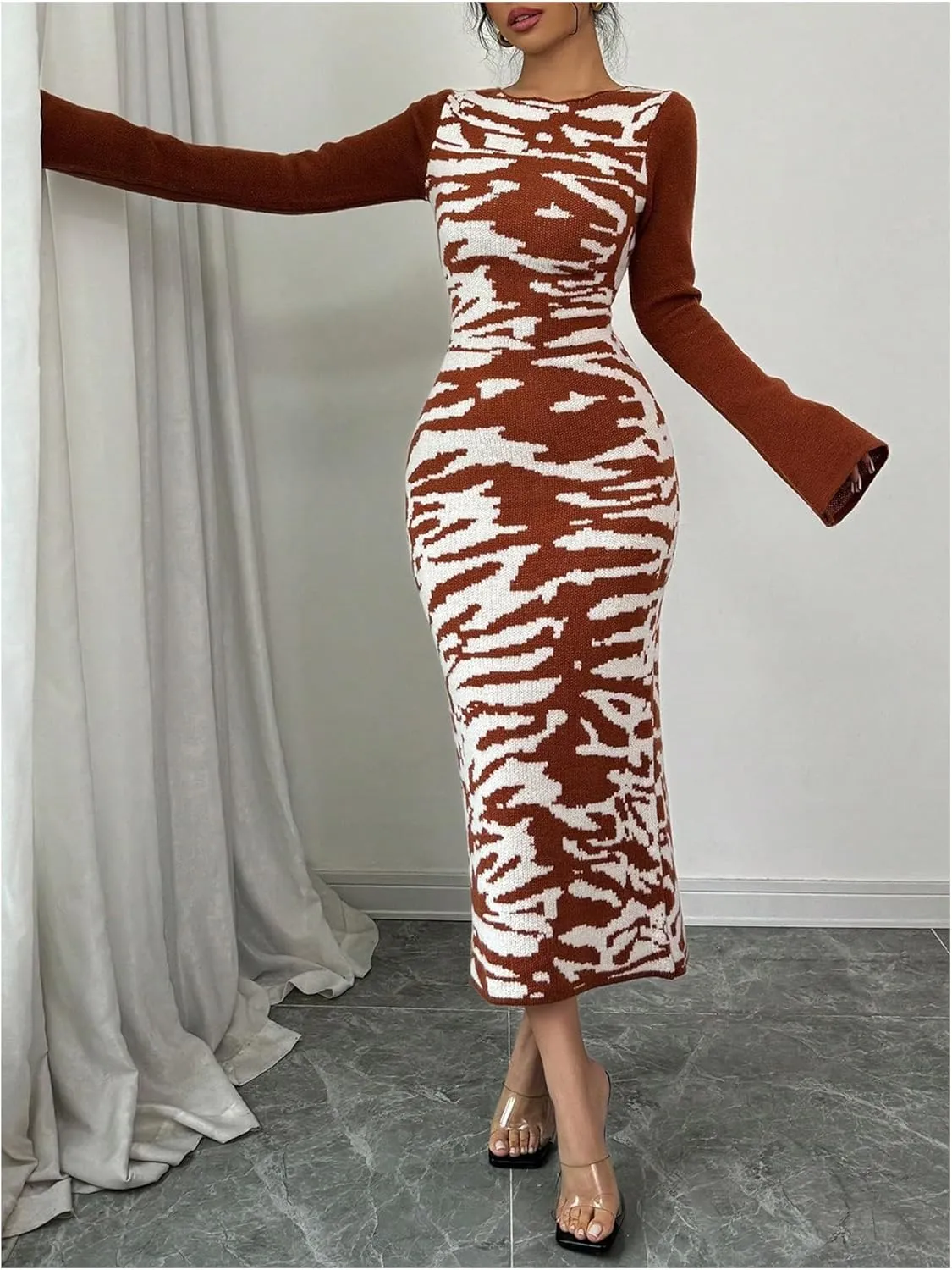 MakeMeChic Women's Leopard Print Sweater Dress Bell Sleeve Lace Up Bodycon Maxi Dresses