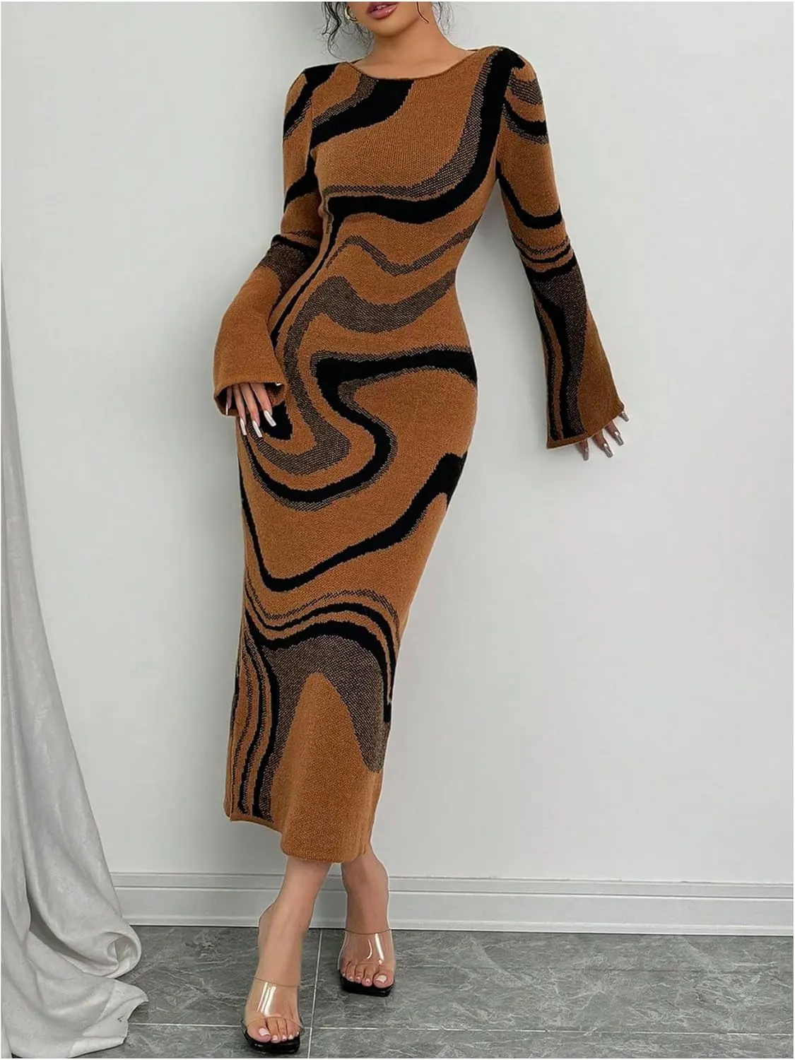 MakeMeChic Women's Leopard Print Sweater Dress Bell Sleeve Lace Up Bodycon Maxi Dresses