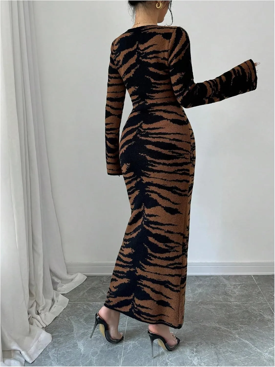 MakeMeChic Women's Leopard Print Sweater Dress Bell Sleeve Lace Up Bodycon Maxi Dresses