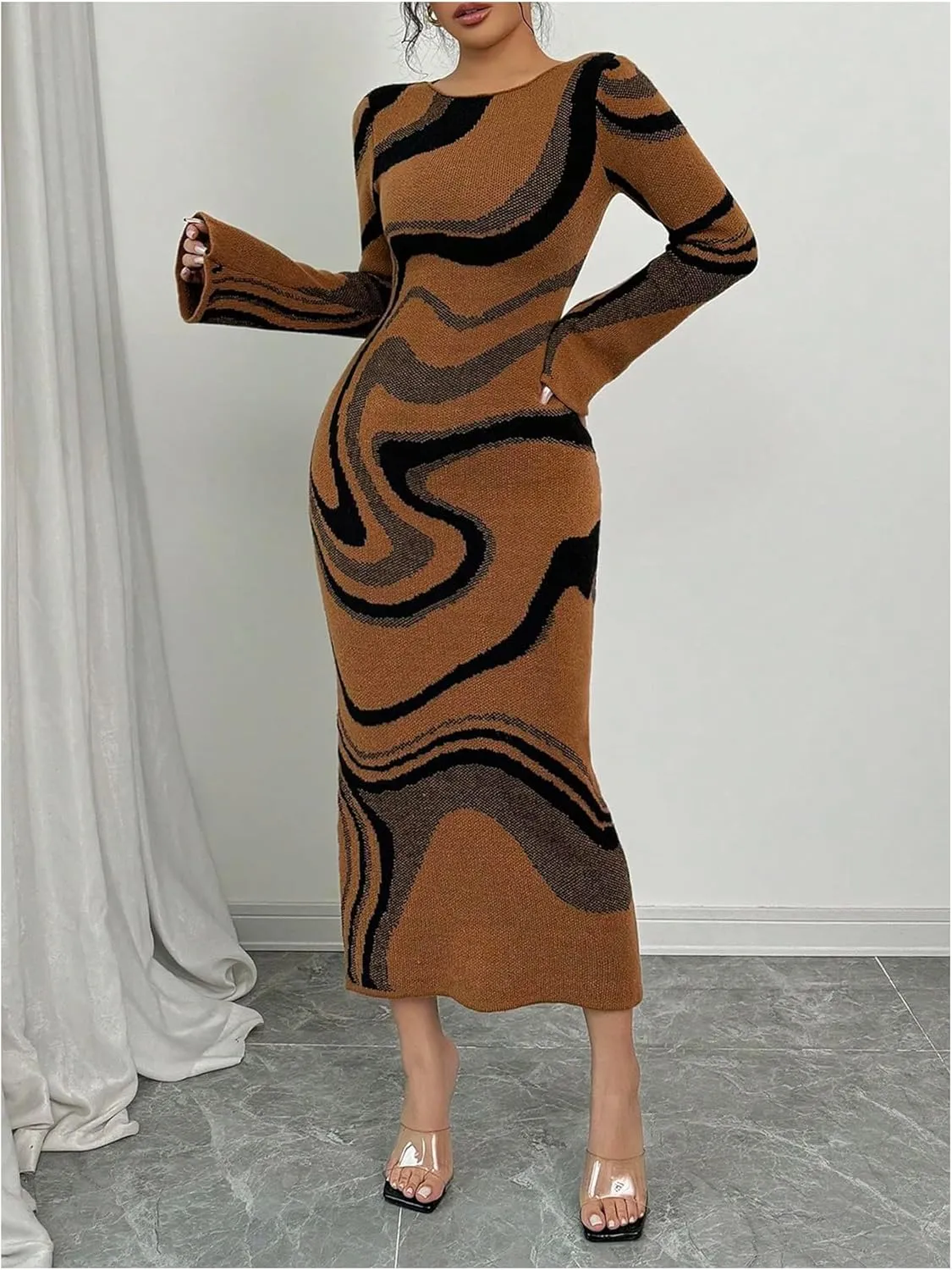 MakeMeChic Women's Leopard Print Sweater Dress Bell Sleeve Lace Up Bodycon Maxi Dresses