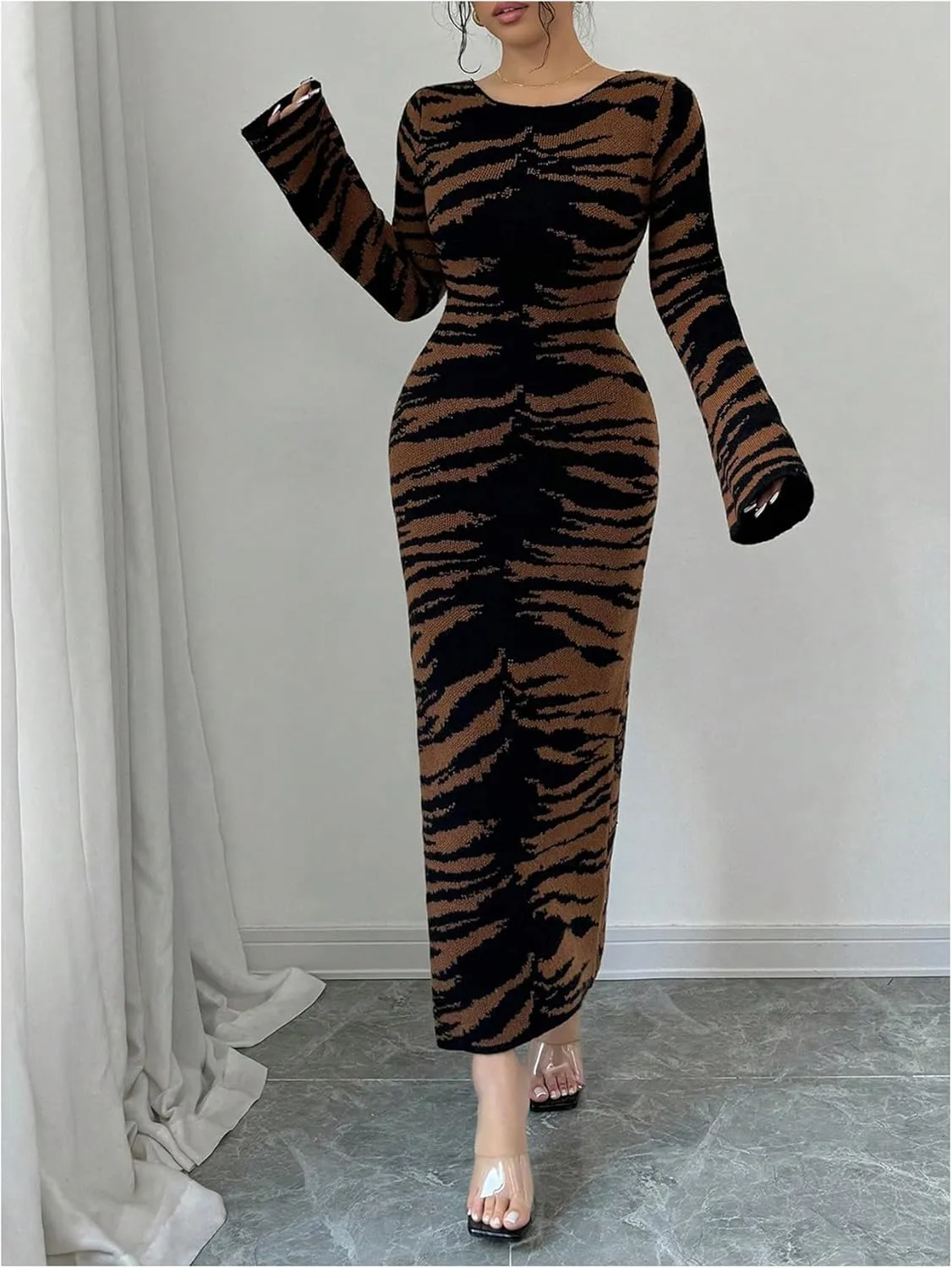 MakeMeChic Women's Leopard Print Sweater Dress Bell Sleeve Lace Up Bodycon Maxi Dresses