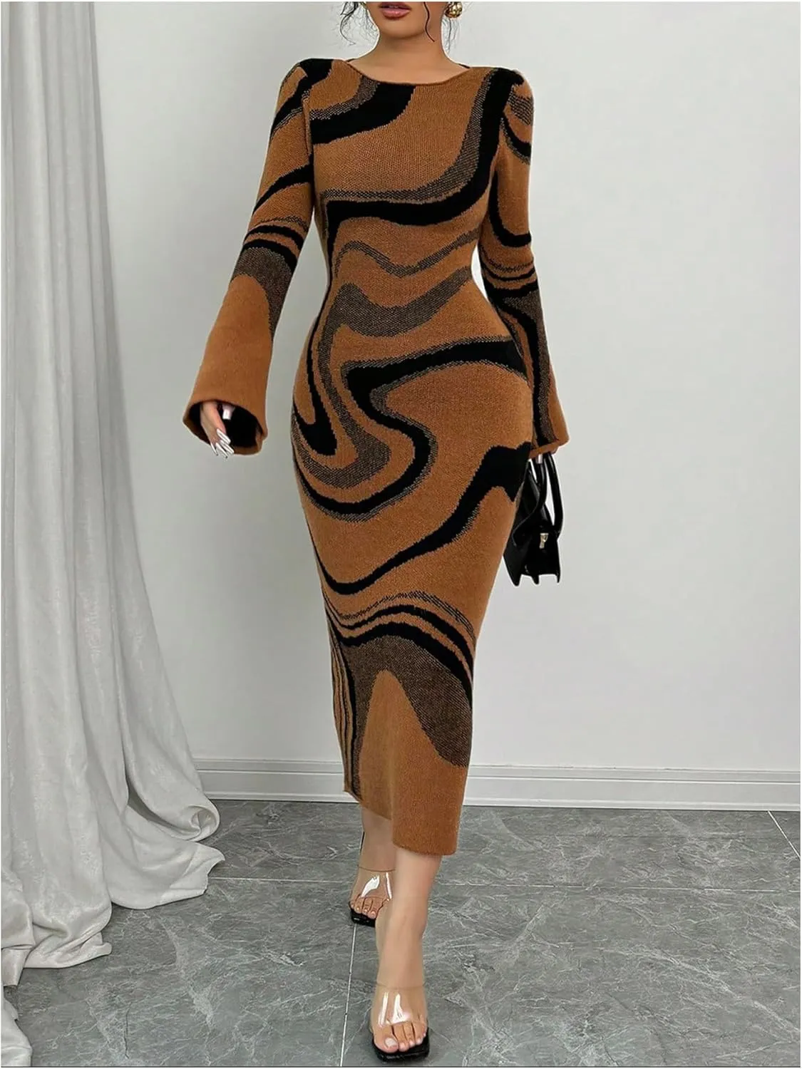 MakeMeChic Women's Leopard Print Sweater Dress Bell Sleeve Lace Up Bodycon Maxi Dresses