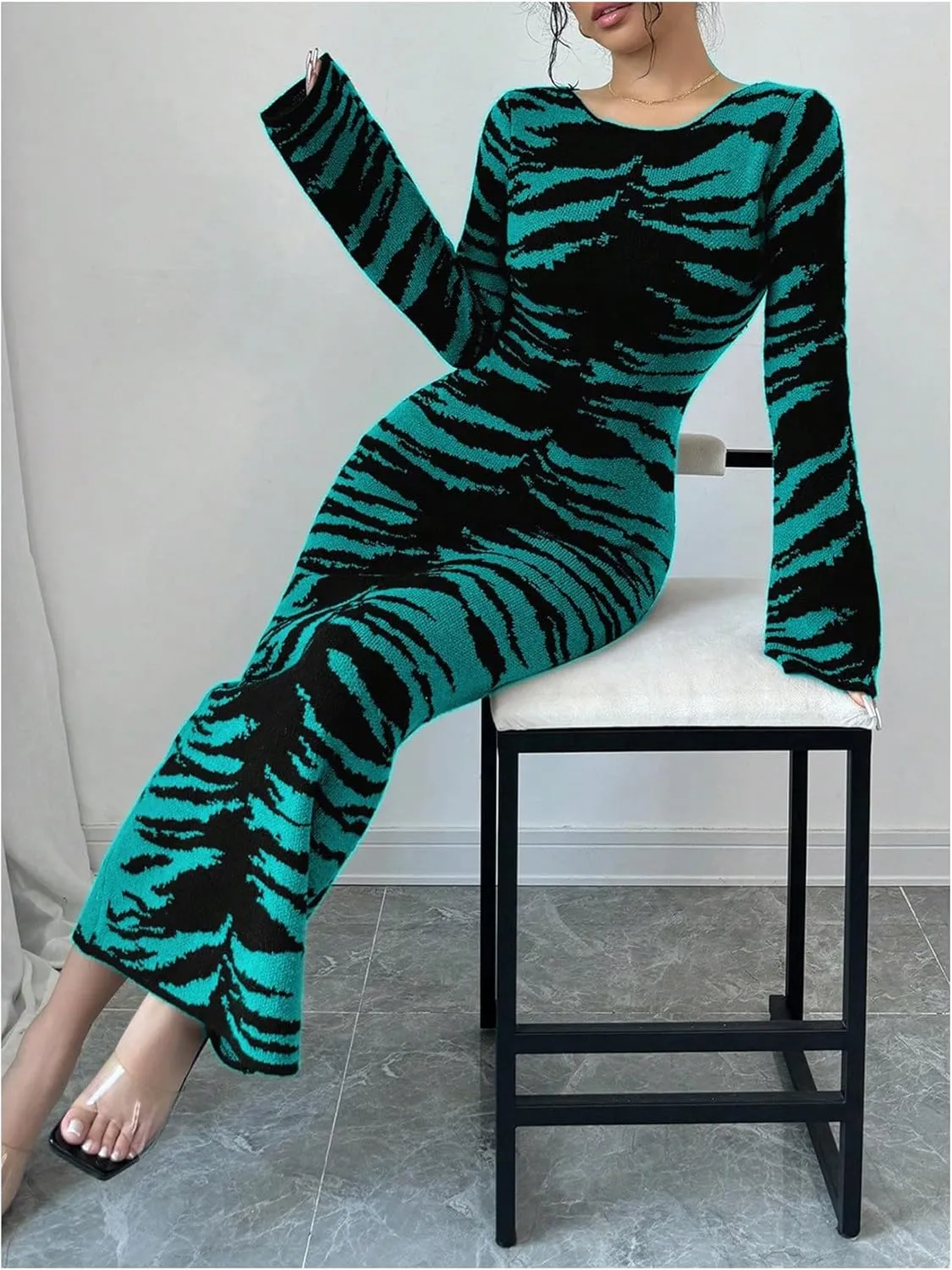 MakeMeChic Women's Leopard Print Sweater Dress Bell Sleeve Lace Up Bodycon Maxi Dresses