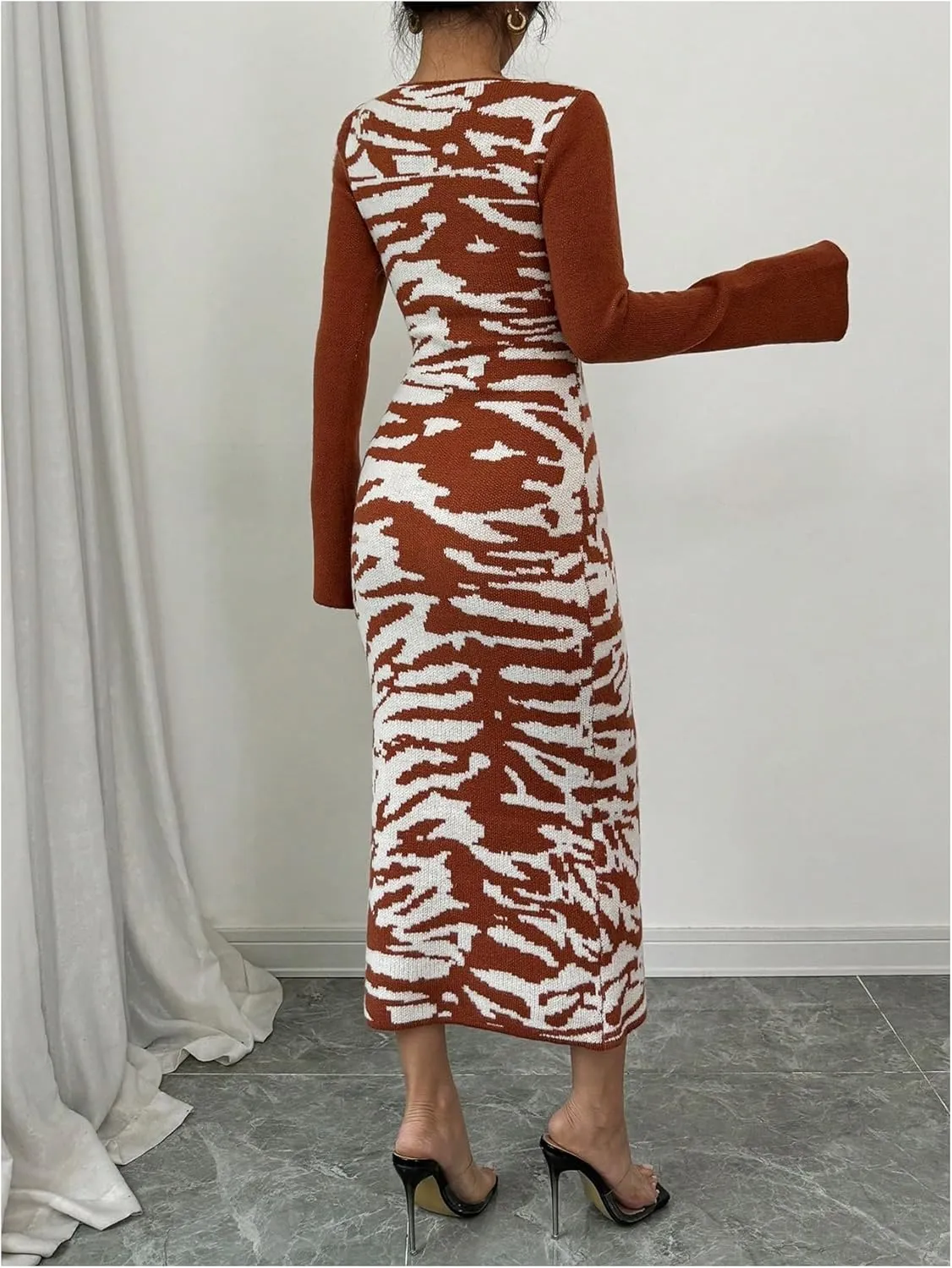 MakeMeChic Women's Leopard Print Sweater Dress Bell Sleeve Lace Up Bodycon Maxi Dresses