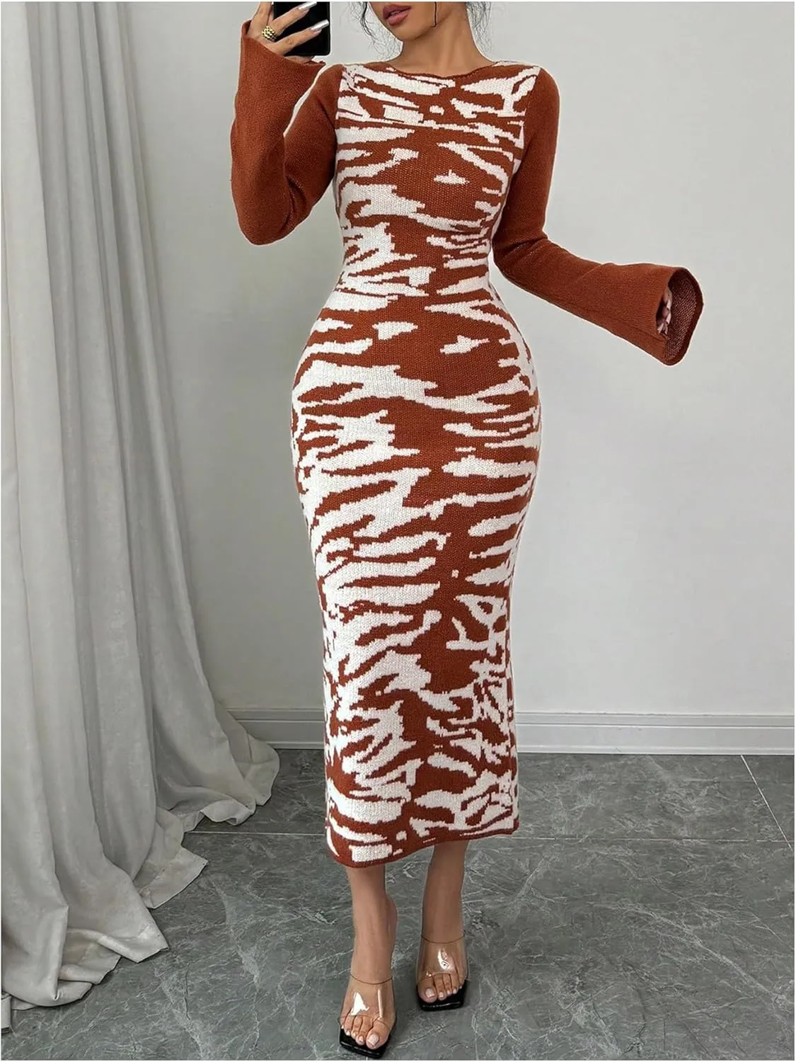 MakeMeChic Women's Leopard Print Sweater Dress Bell Sleeve Lace Up Bodycon Maxi Dresses