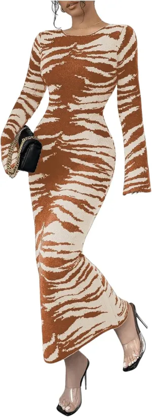 MakeMeChic Women's Leopard Print Sweater Dress Bell Sleeve Lace Up Bodycon Maxi Dresses
