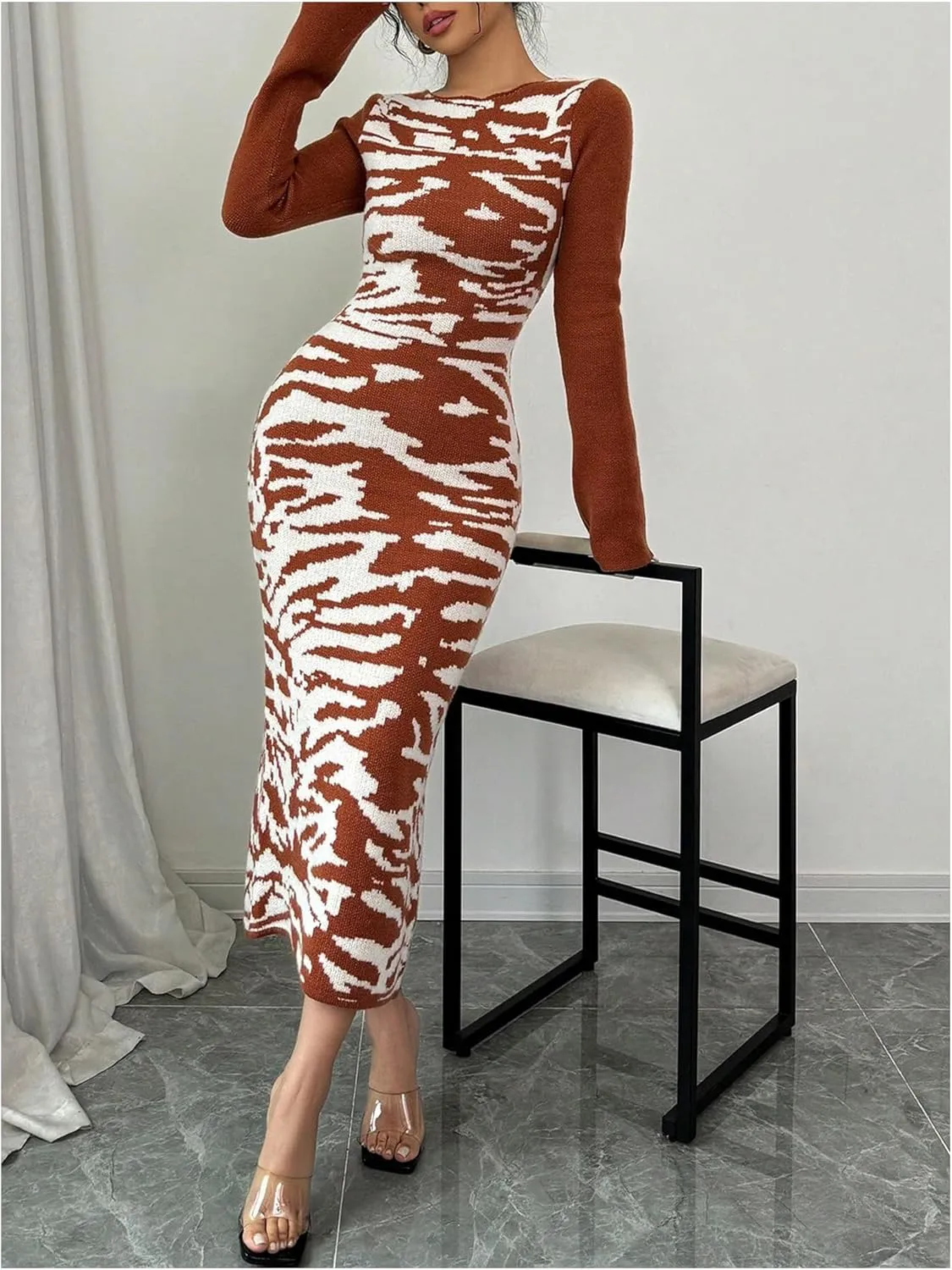 MakeMeChic Women's Leopard Print Sweater Dress Bell Sleeve Lace Up Bodycon Maxi Dresses