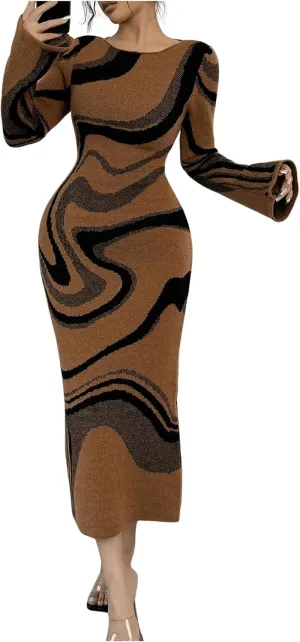 MakeMeChic Women's Leopard Print Sweater Dress Bell Sleeve Lace Up Bodycon Maxi Dresses