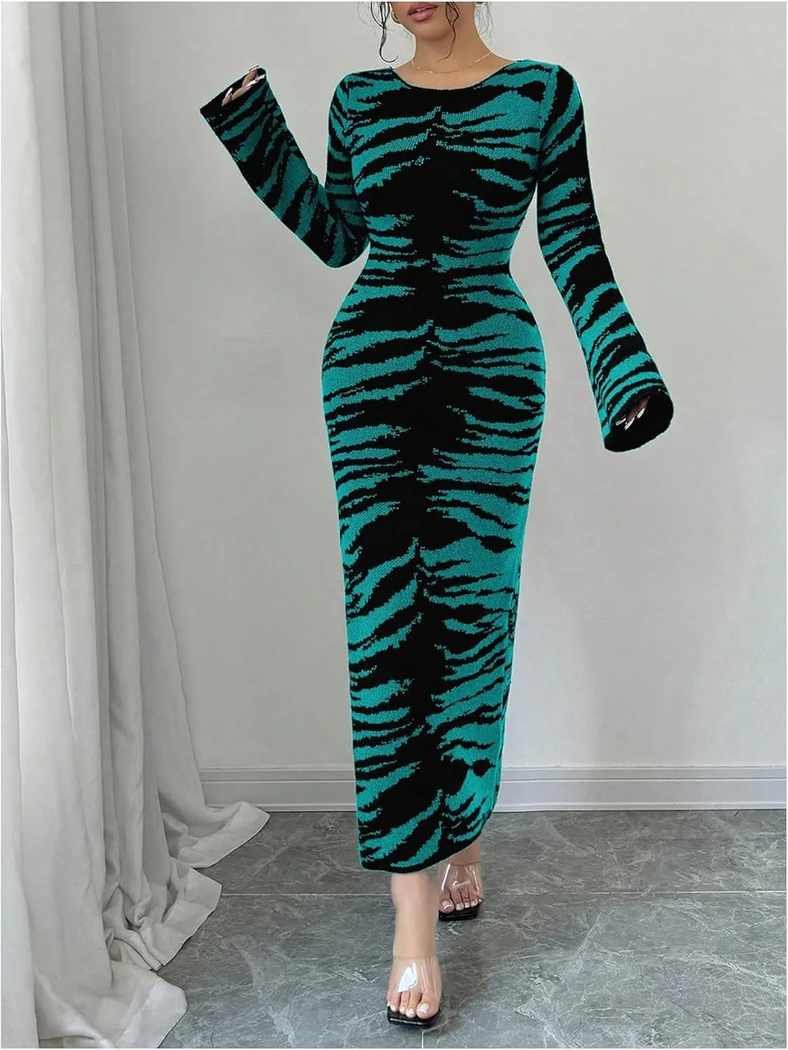 MakeMeChic Women's Leopard Print Sweater Dress Bell Sleeve Lace Up Bodycon Maxi Dresses