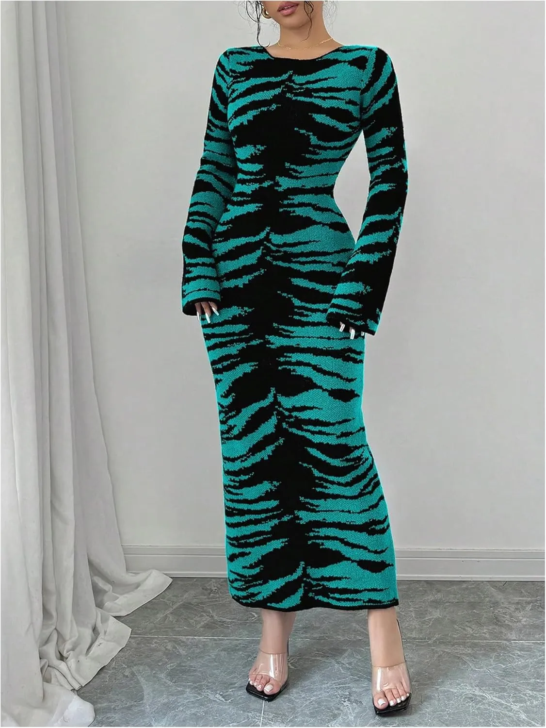 MakeMeChic Women's Leopard Print Sweater Dress Bell Sleeve Lace Up Bodycon Maxi Dresses