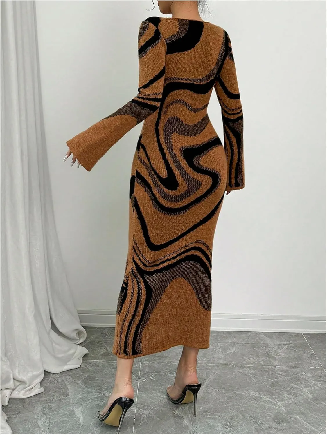 MakeMeChic Women's Leopard Print Sweater Dress Bell Sleeve Lace Up Bodycon Maxi Dresses