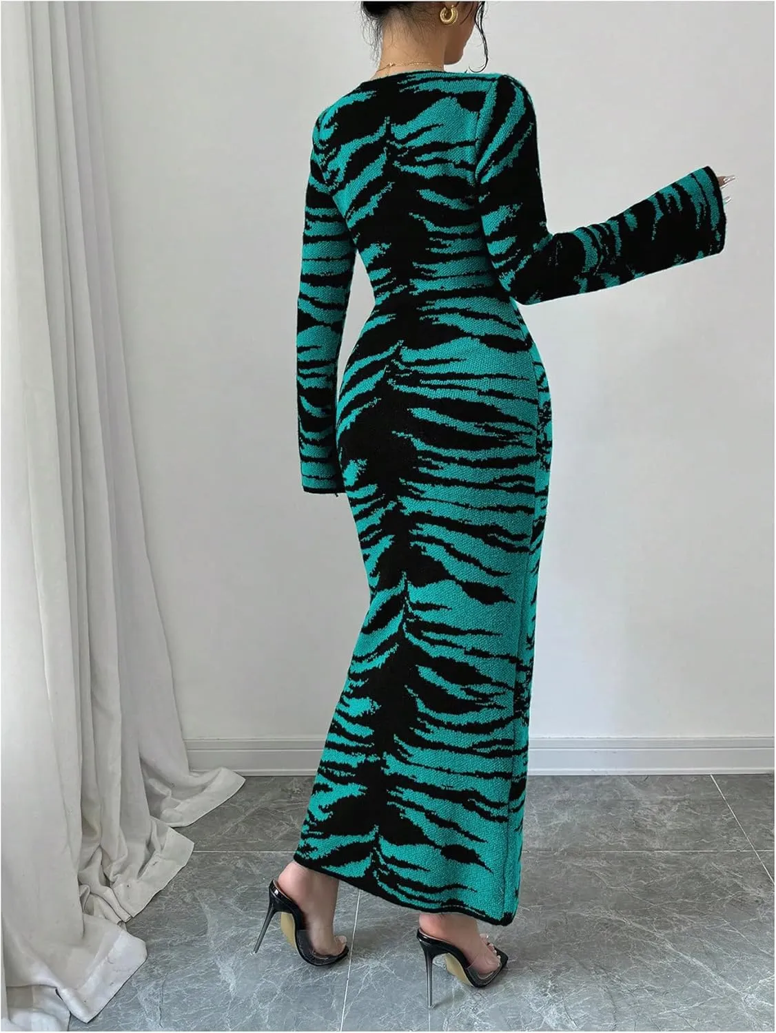 MakeMeChic Women's Leopard Print Sweater Dress Bell Sleeve Lace Up Bodycon Maxi Dresses