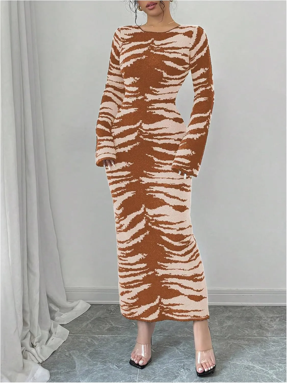 MakeMeChic Women's Leopard Print Sweater Dress Bell Sleeve Lace Up Bodycon Maxi Dresses