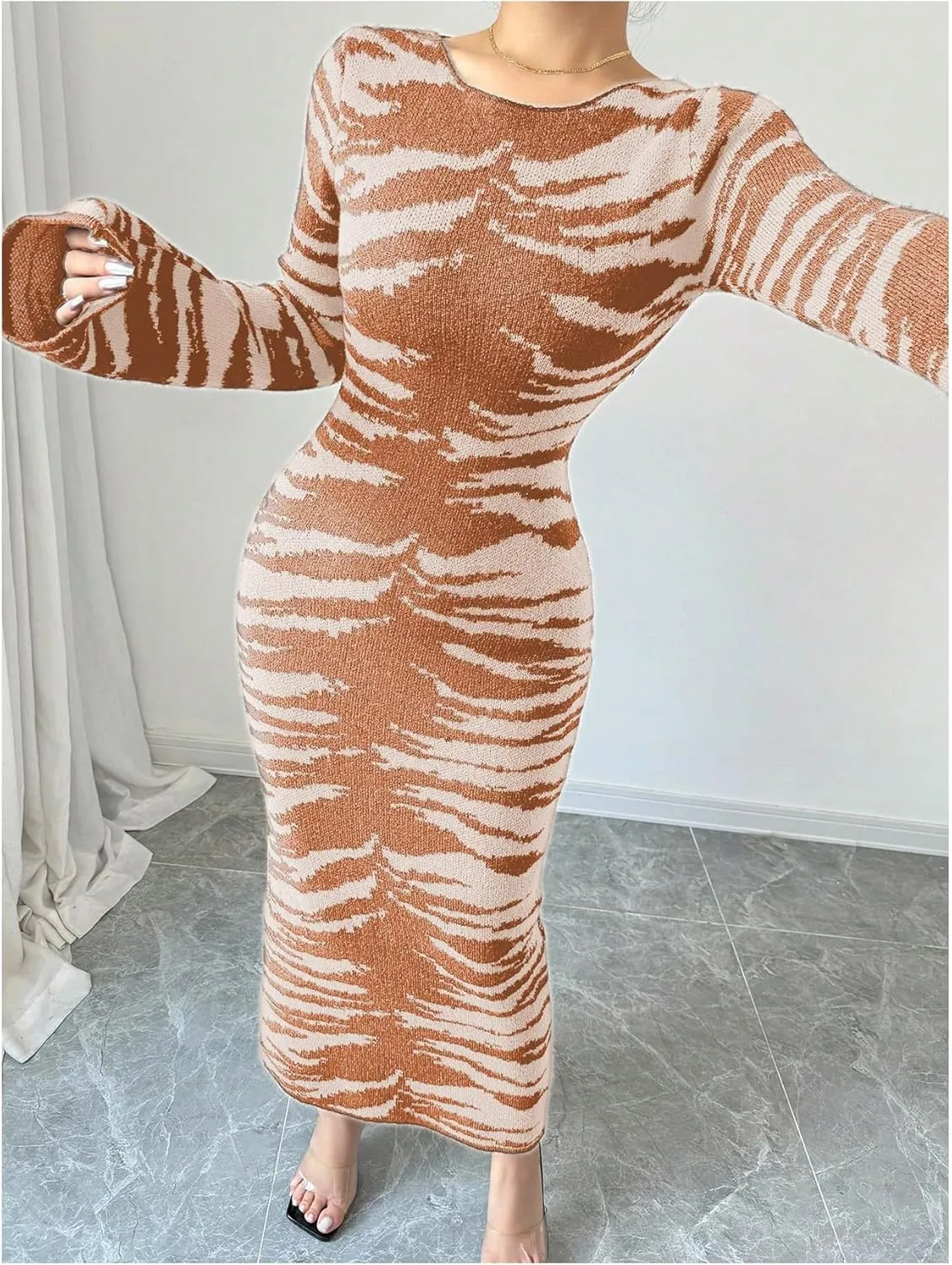 MakeMeChic Women's Leopard Print Sweater Dress Bell Sleeve Lace Up Bodycon Maxi Dresses