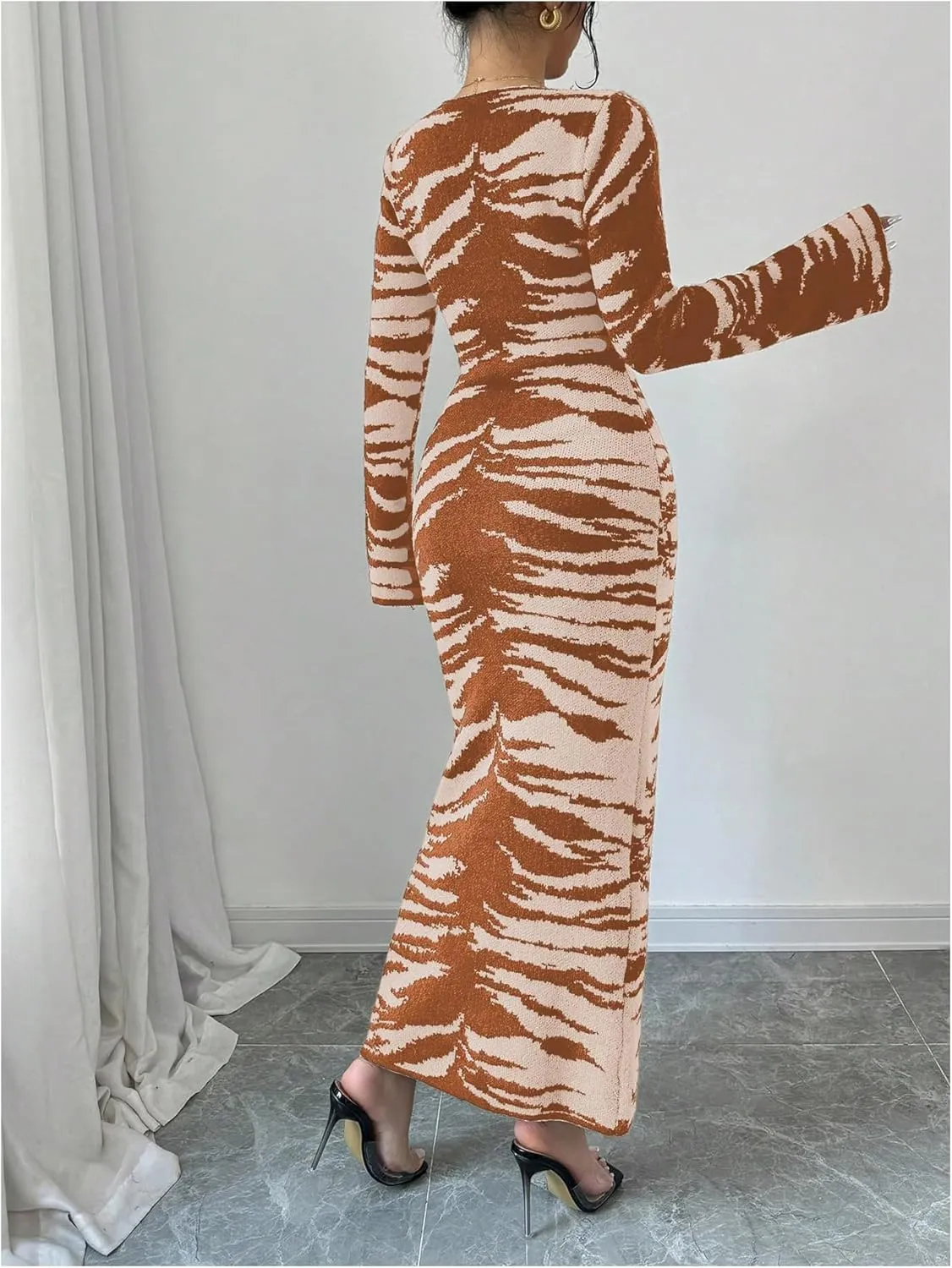 MakeMeChic Women's Leopard Print Sweater Dress Bell Sleeve Lace Up Bodycon Maxi Dresses