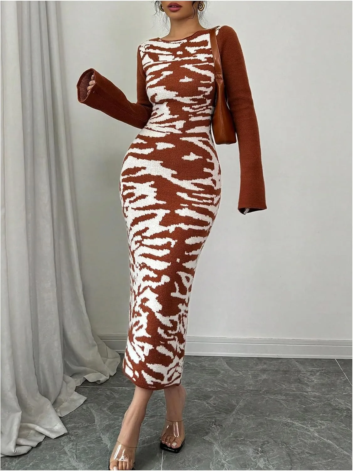 MakeMeChic Women's Leopard Print Sweater Dress Bell Sleeve Lace Up Bodycon Maxi Dresses