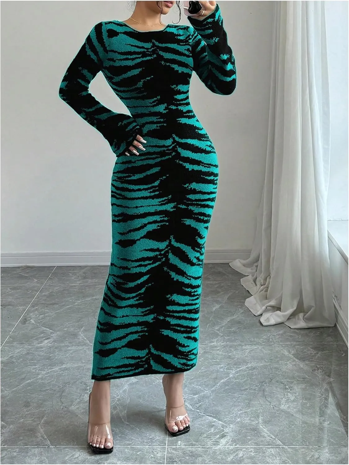 MakeMeChic Women's Leopard Print Sweater Dress Bell Sleeve Lace Up Bodycon Maxi Dresses