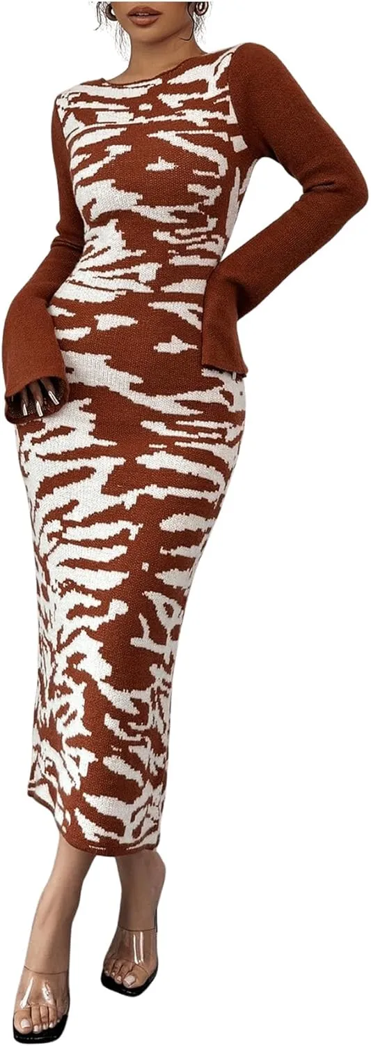 MakeMeChic Women's Leopard Print Sweater Dress Bell Sleeve Lace Up Bodycon Maxi Dresses
