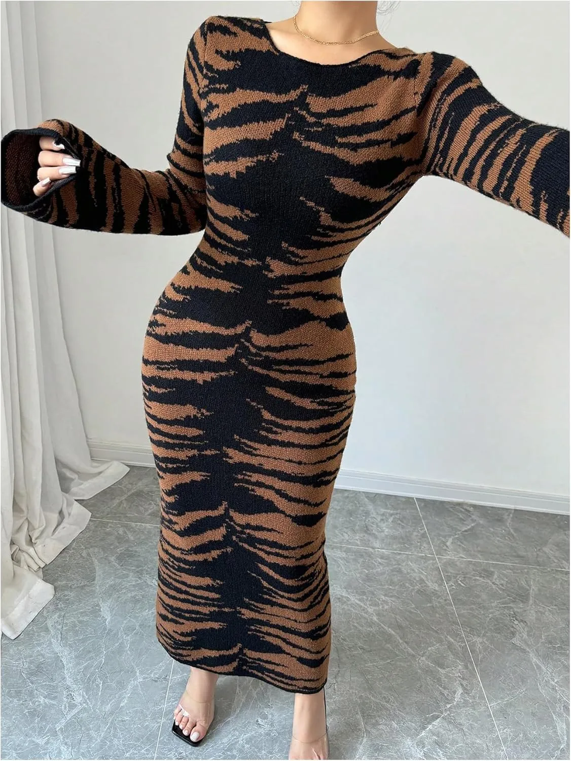 MakeMeChic Women's Leopard Print Sweater Dress Bell Sleeve Lace Up Bodycon Maxi Dresses