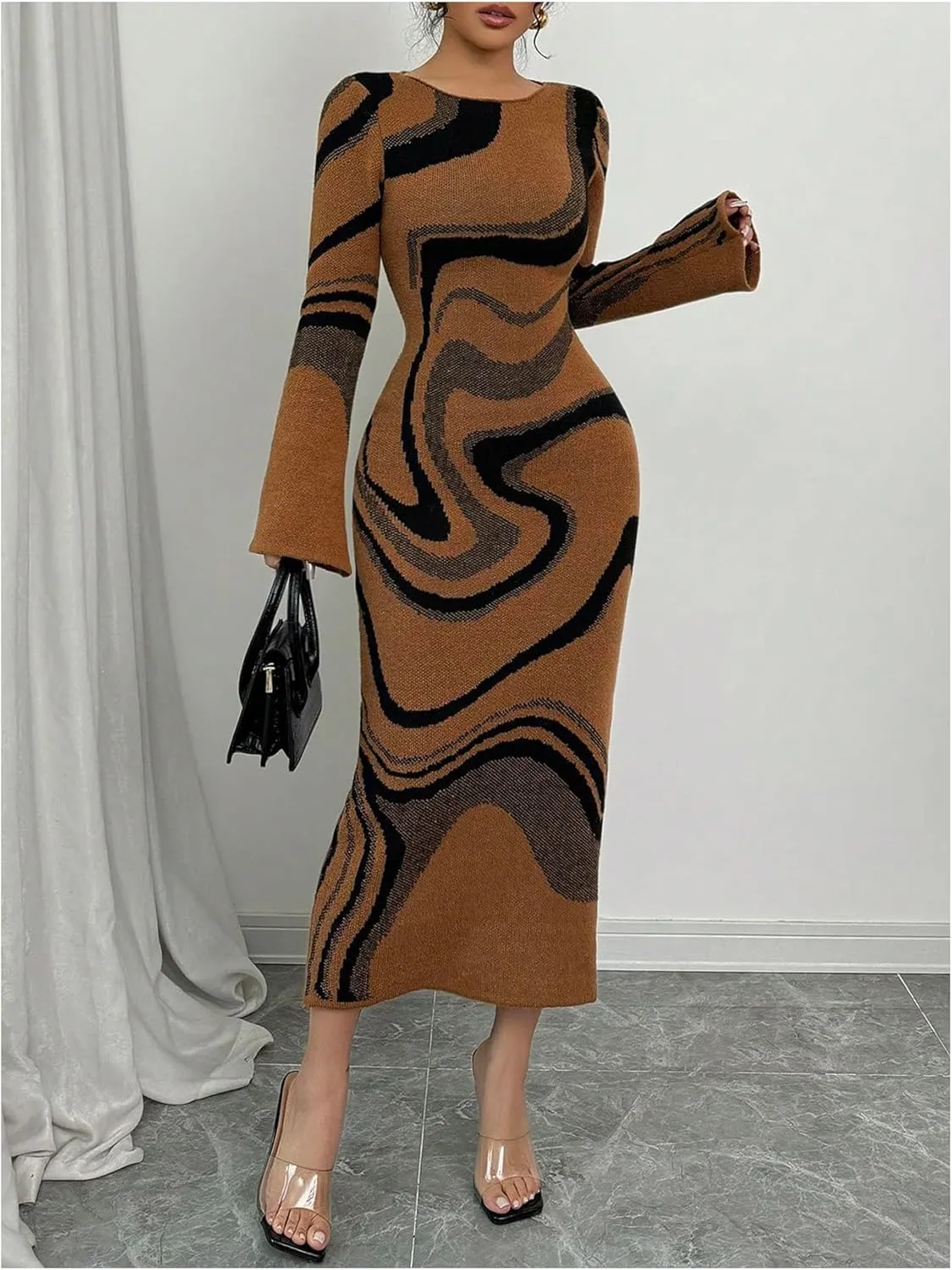 MakeMeChic Women's Leopard Print Sweater Dress Bell Sleeve Lace Up Bodycon Maxi Dresses