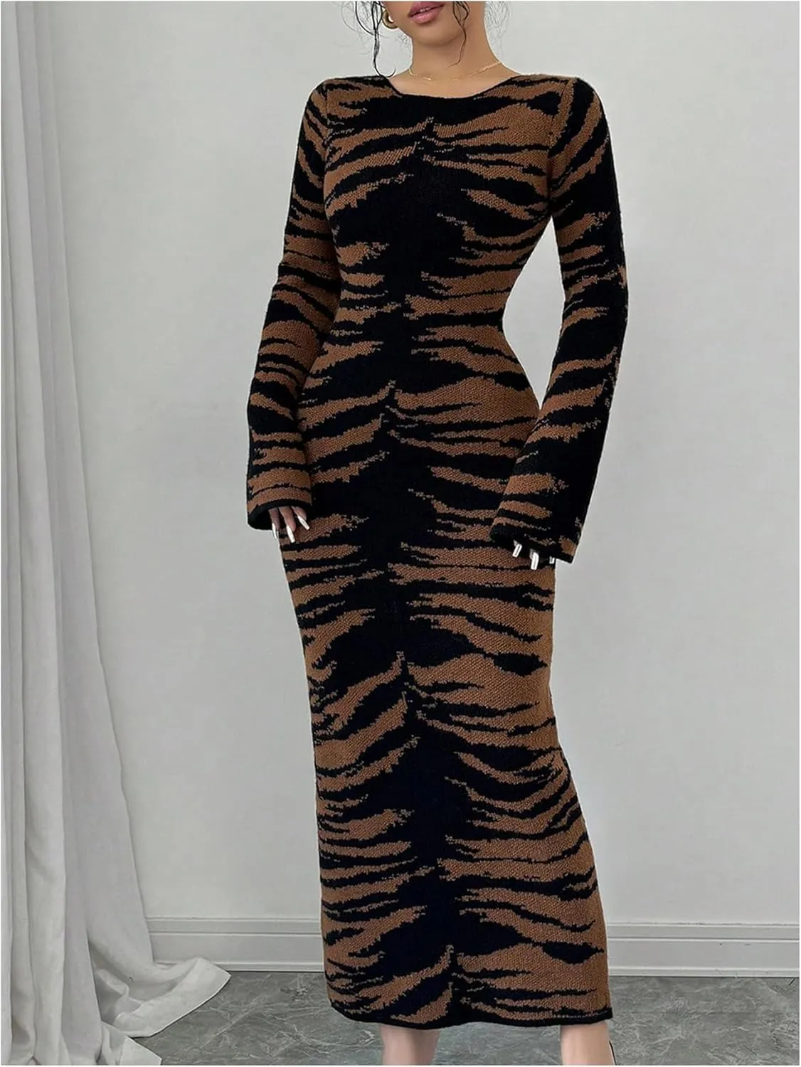 MakeMeChic Women's Leopard Print Sweater Dress Bell Sleeve Lace Up Bodycon Maxi Dresses