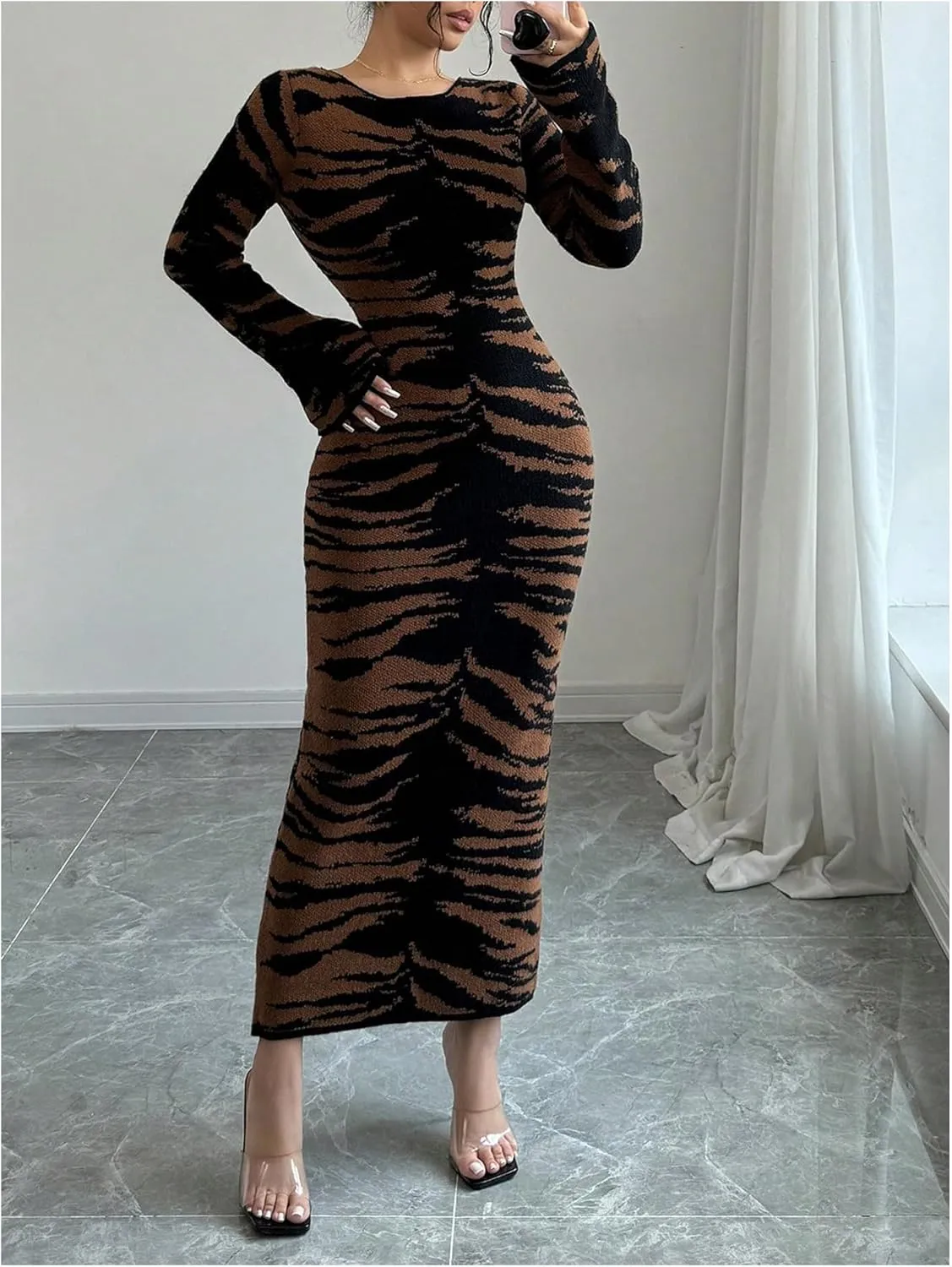 MakeMeChic Women's Leopard Print Sweater Dress Bell Sleeve Lace Up Bodycon Maxi Dresses
