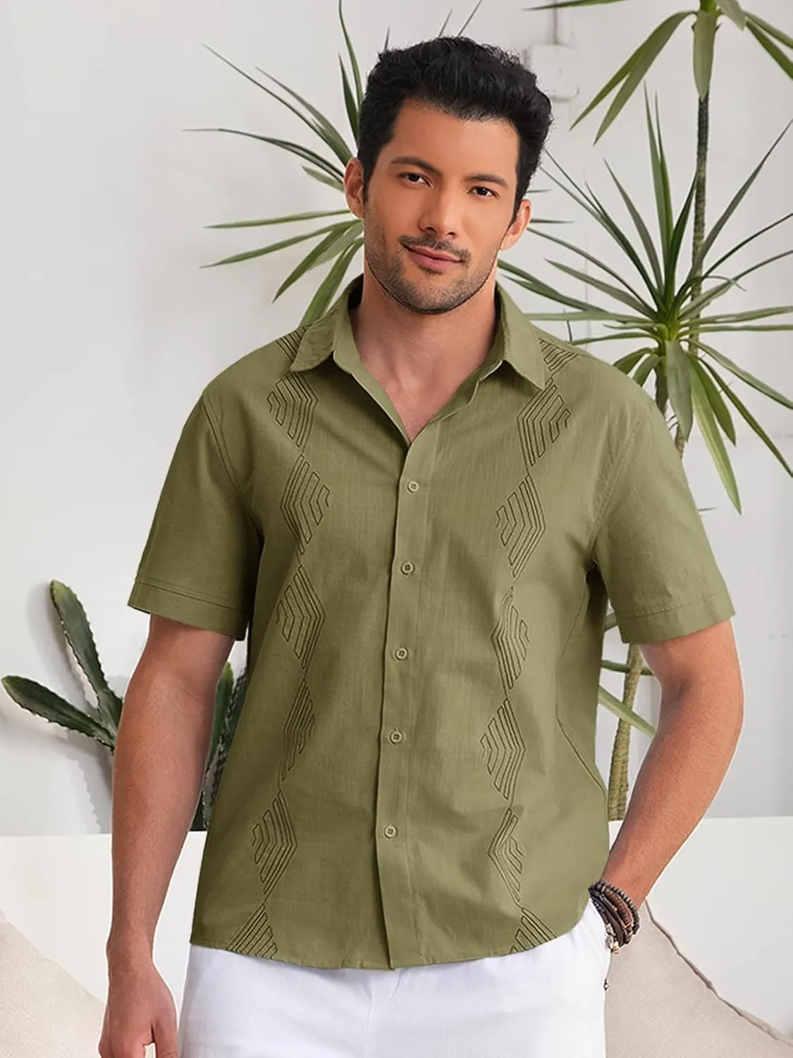 Makkrom Men Cuban Guayabera Shirts Linen Short Sleeve Button Down Cotton Mexican Beach Wedding Shirt