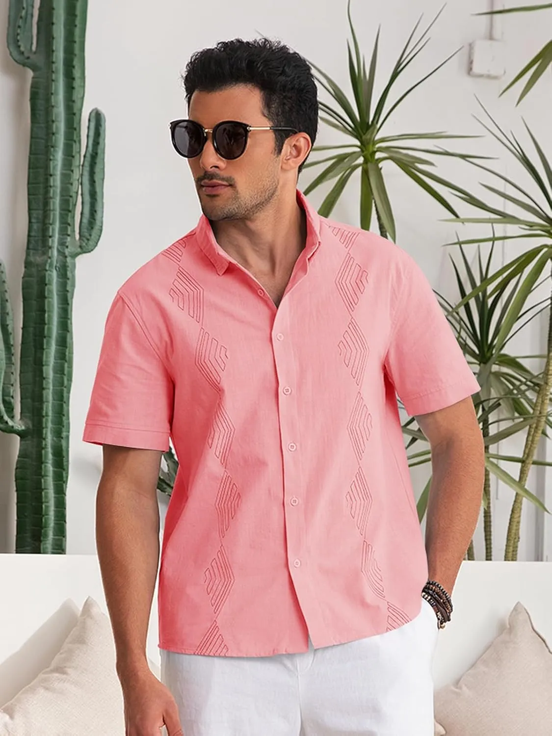 Makkrom Men Cuban Guayabera Shirts Linen Short Sleeve Button Down Cotton Mexican Beach Wedding Shirt