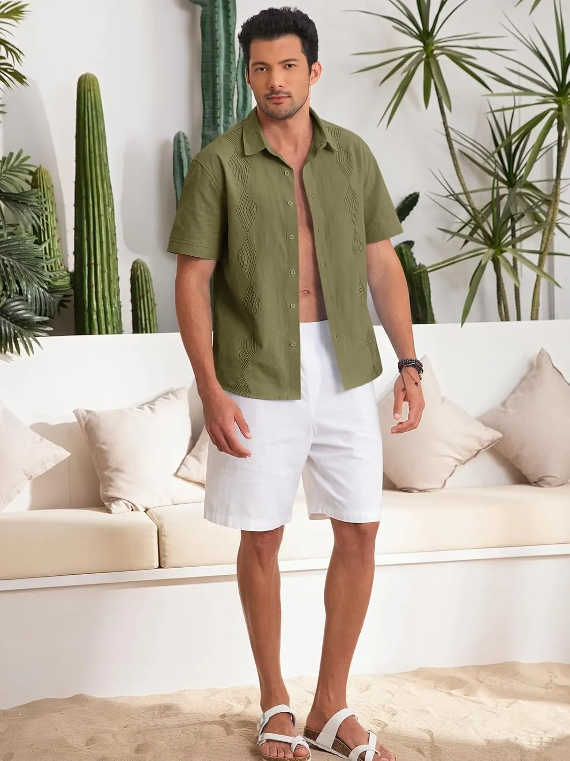 Makkrom Men Cuban Guayabera Shirts Linen Short Sleeve Button Down Cotton Mexican Beach Wedding Shirt