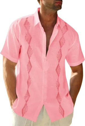 Makkrom Men Cuban Guayabera Shirts Linen Short Sleeve Button Down Cotton Mexican Beach Wedding Shirt