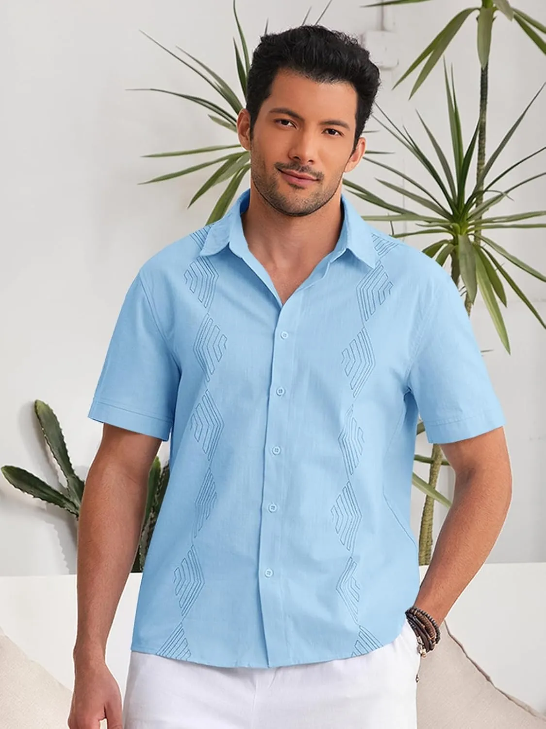 Makkrom Men Cuban Guayabera Shirts Linen Short Sleeve Button Down Cotton Mexican Beach Wedding Shirt
