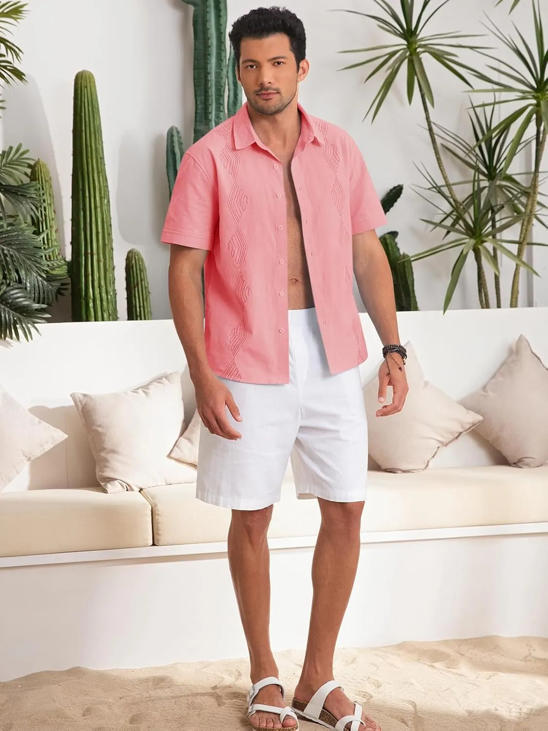 Makkrom Men Cuban Guayabera Shirts Linen Short Sleeve Button Down Cotton Mexican Beach Wedding Shirt