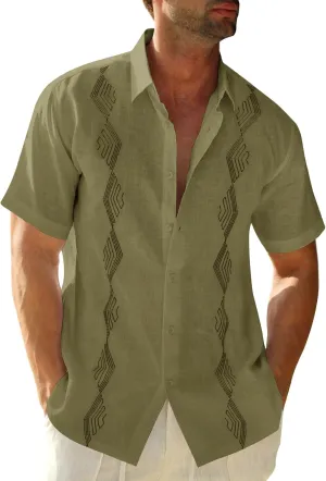 Makkrom Men Cuban Guayabera Shirts Linen Short Sleeve Button Down Cotton Mexican Beach Wedding Shirt