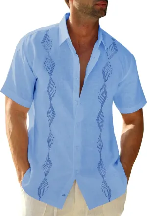 Makkrom Men Cuban Guayabera Shirts Linen Short Sleeve Button Down Cotton Mexican Beach Wedding Shirt