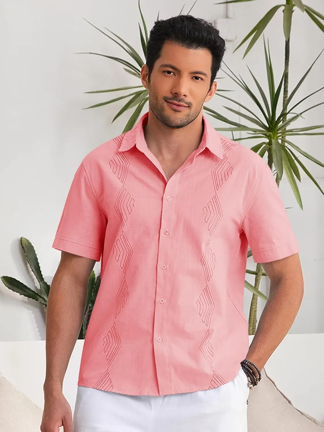 Makkrom Men Cuban Guayabera Shirts Linen Short Sleeve Button Down Cotton Mexican Beach Wedding Shirt
