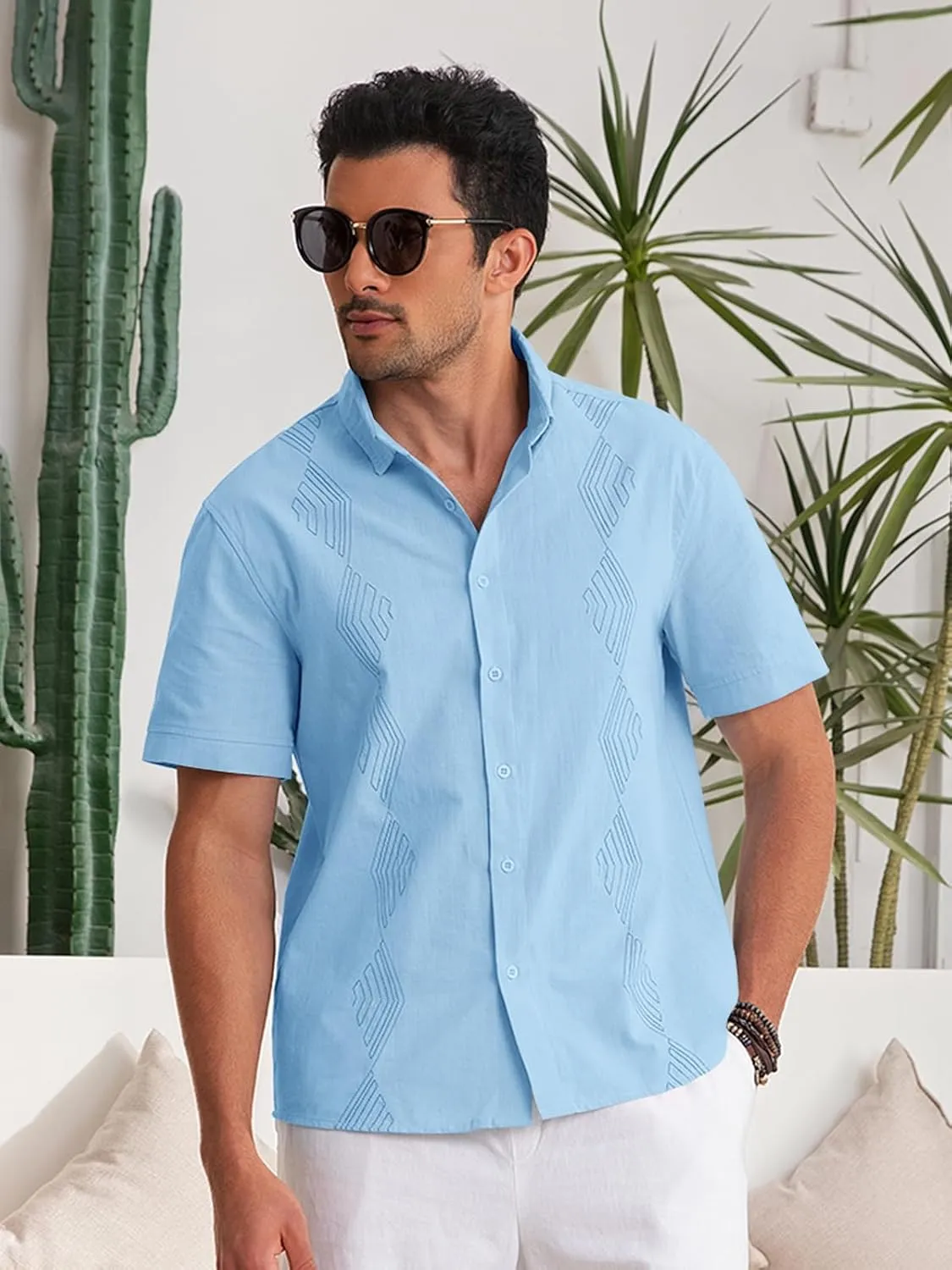 Makkrom Men Cuban Guayabera Shirts Linen Short Sleeve Button Down Cotton Mexican Beach Wedding Shirt