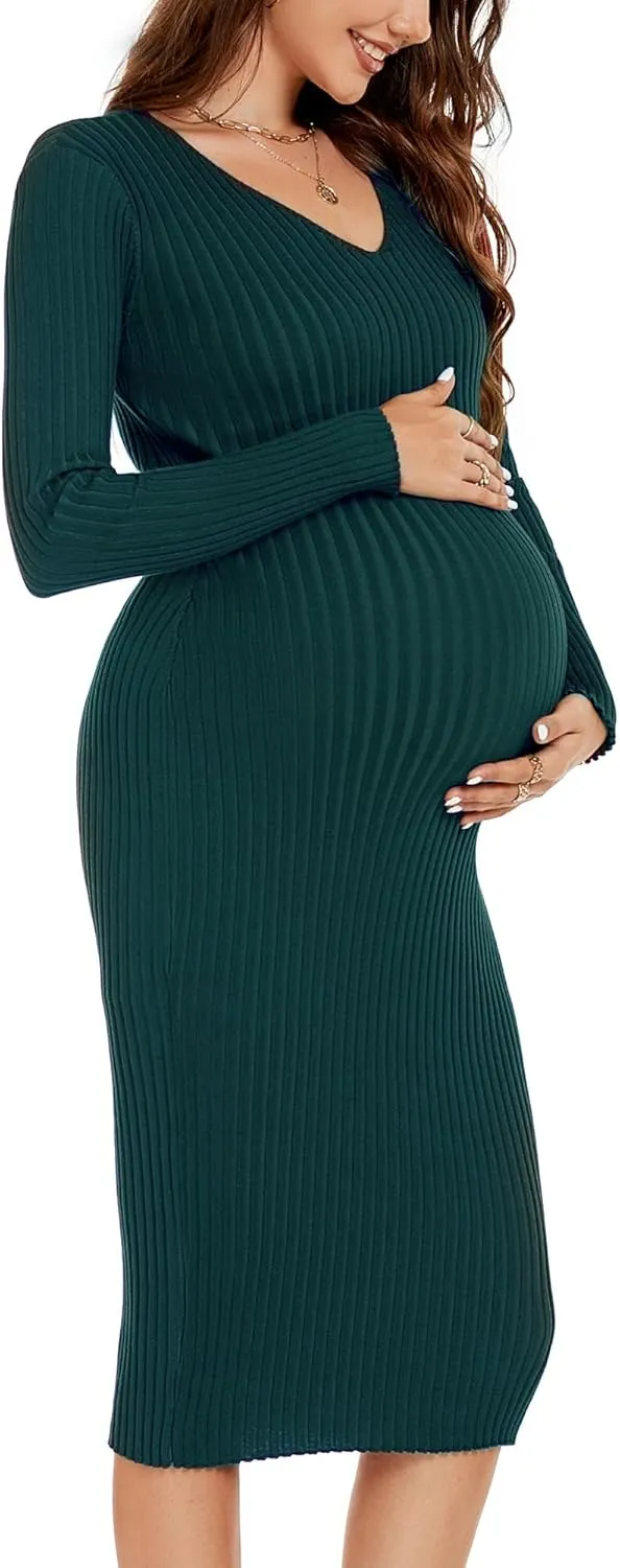 Maternity Dress Long Sleeve V Neck Knit Stretchable Sweater Dresses Pregnancy Clothes for Photoshoot Baby Shower