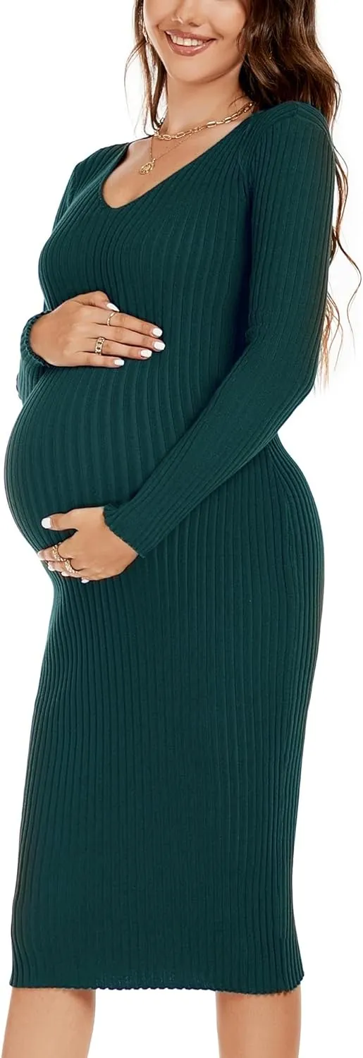 Maternity Dress Long Sleeve V Neck Knit Stretchable Sweater Dresses Pregnancy Clothes for Photoshoot Baby Shower