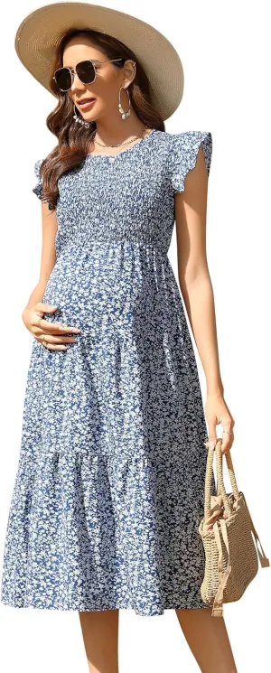 Maternity Dress Spring Women's Maternity Dresses A Line Sweetheart Neck Ruffle Flowy Mini Boho Maternity Dress for Wedding Guest Blue Florals#GL X-Large